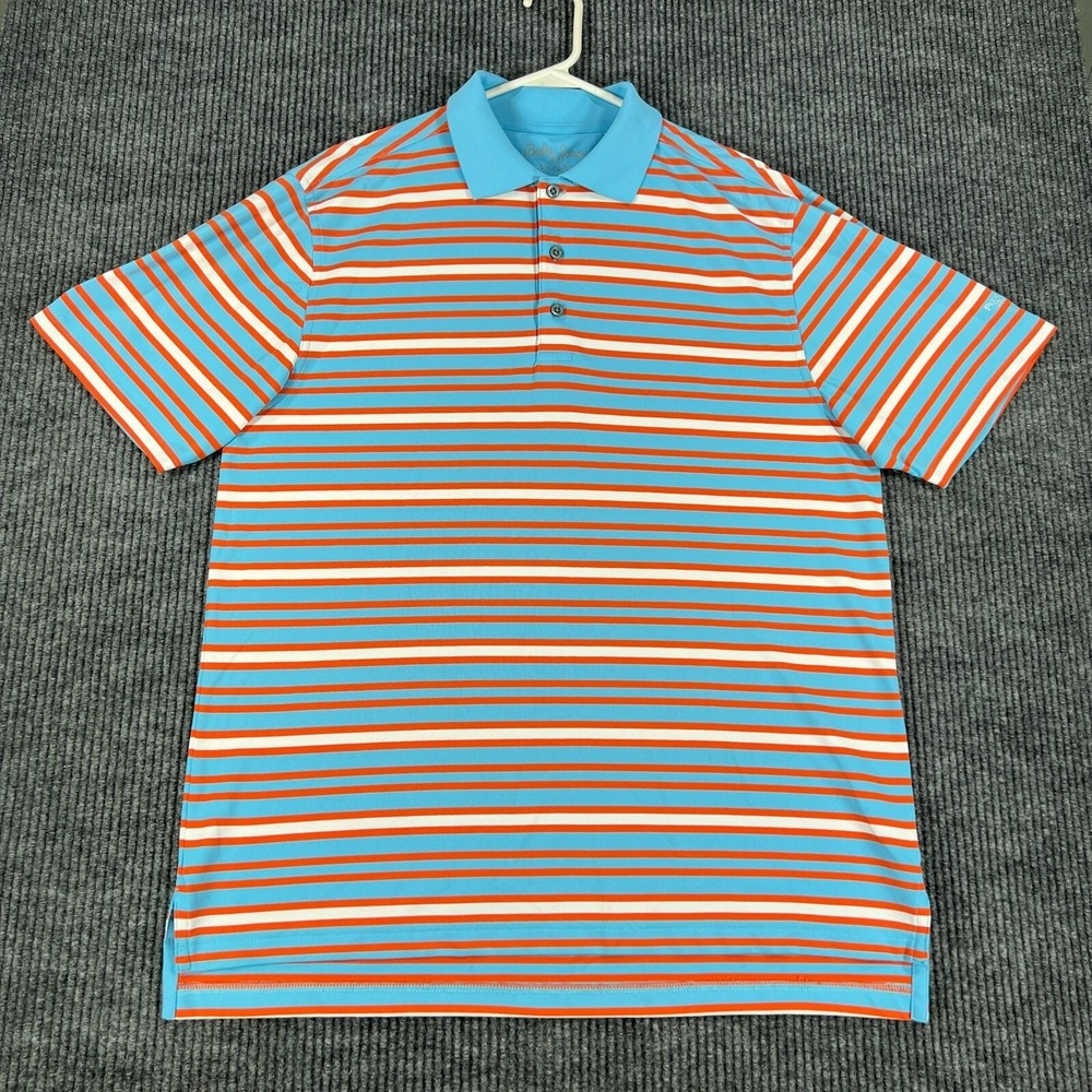Bobby Jones Polo Shirt Mens Medium Blue Orange Striped Short Sleeve Golf Outdoor